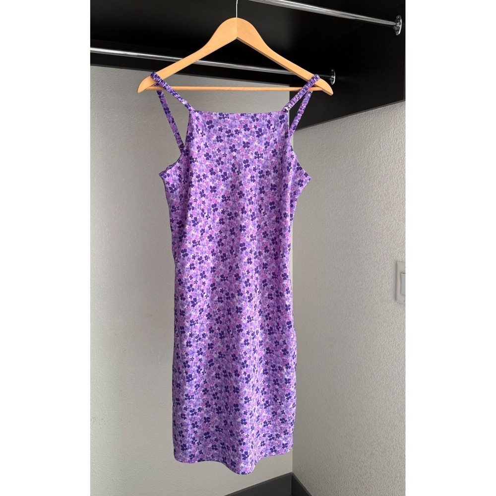 Vintage Expression 90s Purple Floral Mini Dress Square Neck Cutout Back Size 7/8